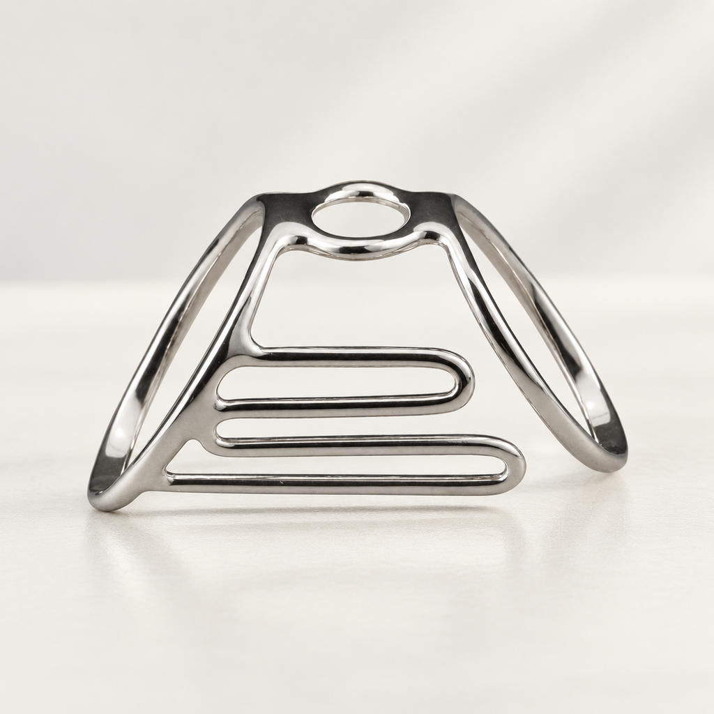 Boutonniere lateral support splint in polished silver-tone metal with a top ring and open ladder-style side frame, studio view
