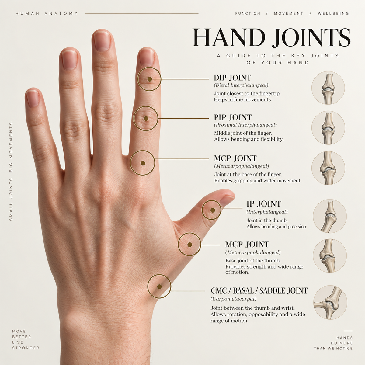 RING ORTHO hand joints guide showing the DIP, PIP, MCP, IP and CMC joints of the hand