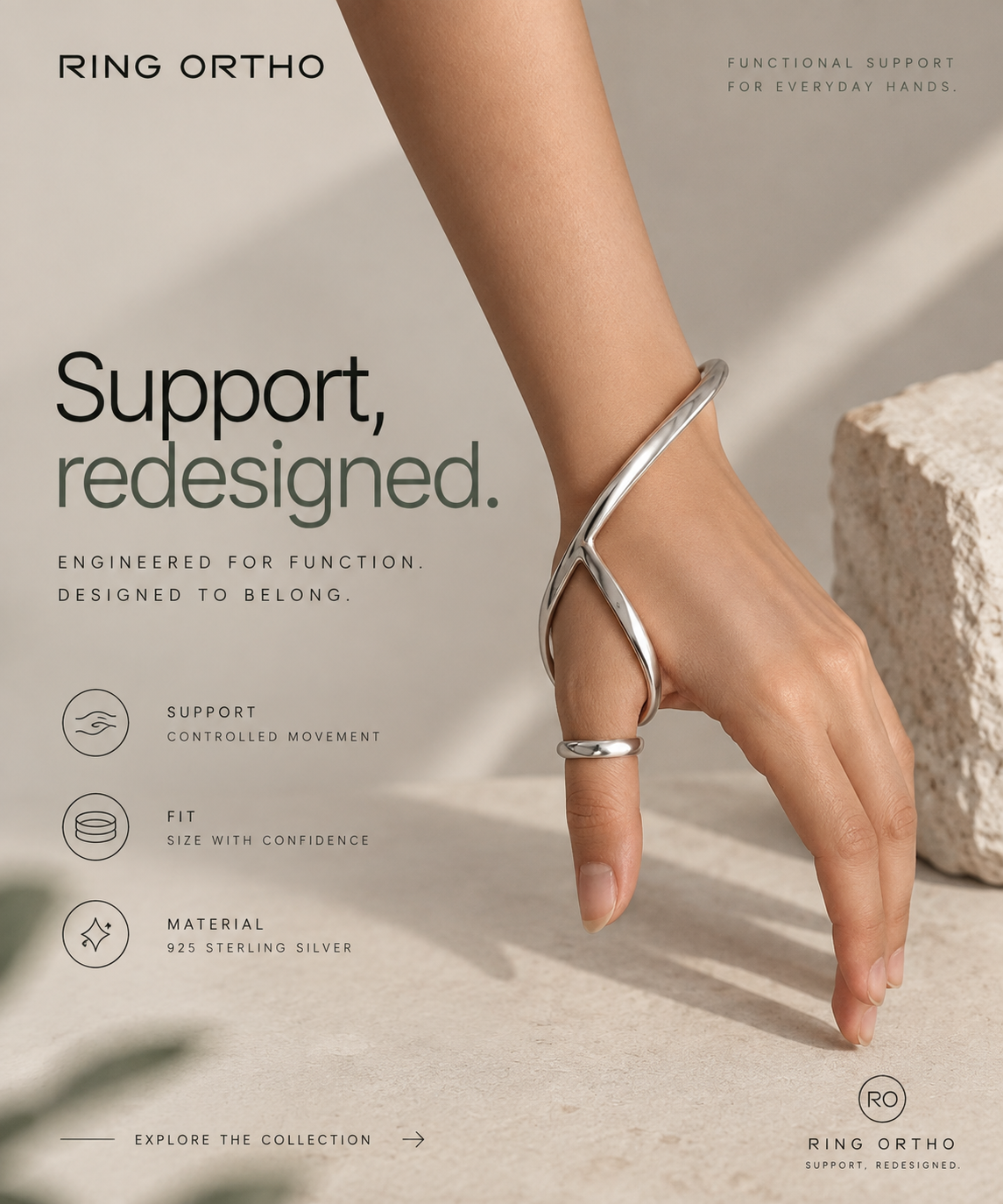 RING ORTHO Support, redesigned campaign image showing the thumb ring splint and wrist bracelet worn on the hand
