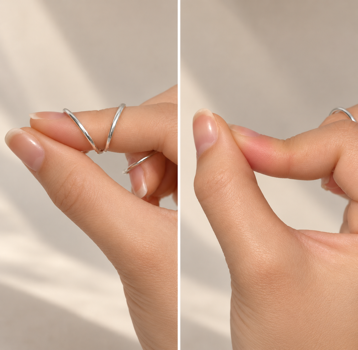 Two views of a slim swan neck splint worn on a finger
